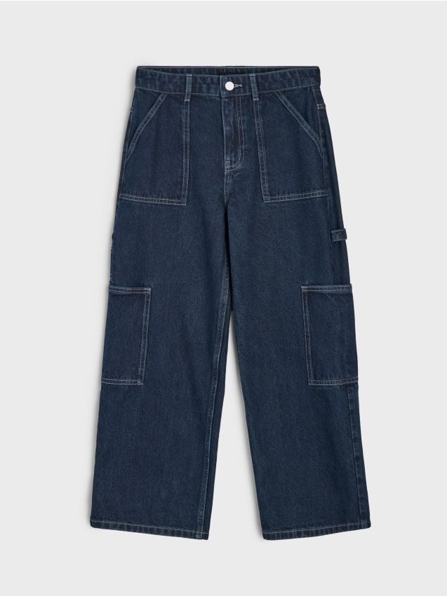 Sinsay - Bawełniane jeansy wide leg - niebieski
