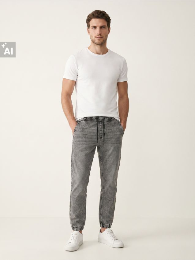 Sinsay - Blugi jogger slim cu efect de spălare - gri deschis