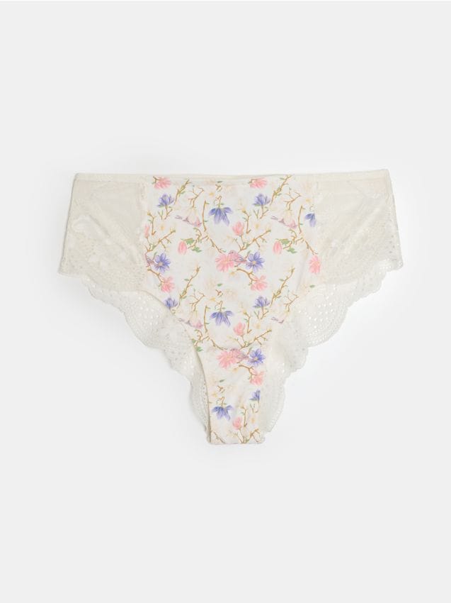 Sinsay - Koronkowe majtki brazyliany z wysokim stanem - kremowy