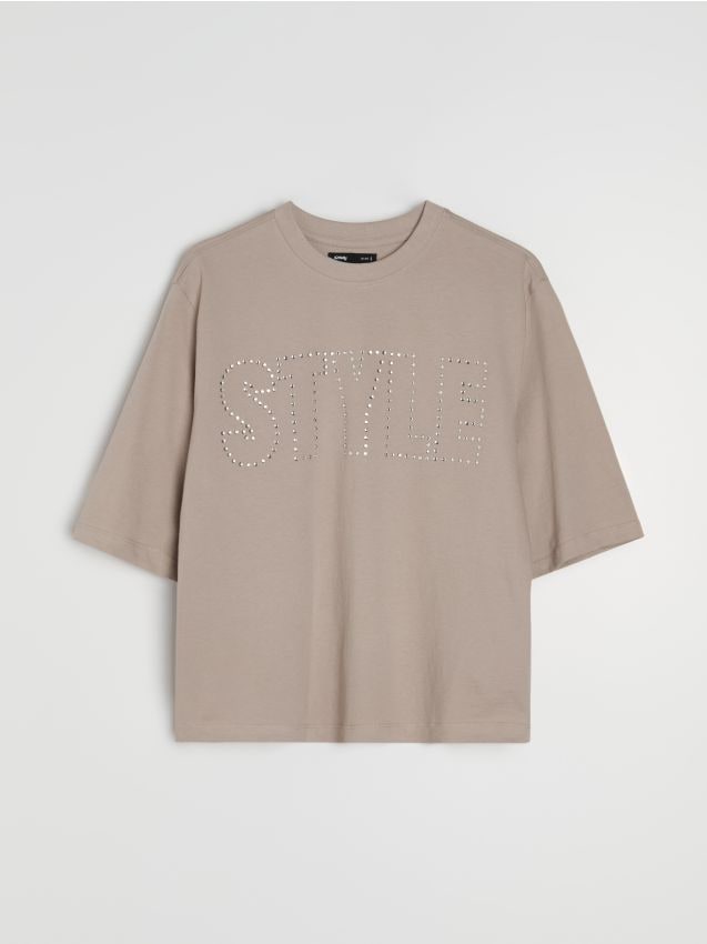 Sinsay - Tricou din bumbac cu inscripție din strasuri - gri deschis
