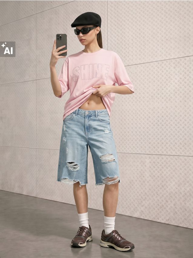 Sinsay - Tricou din bumbac cu inscripție din strasuri - roz-pudră