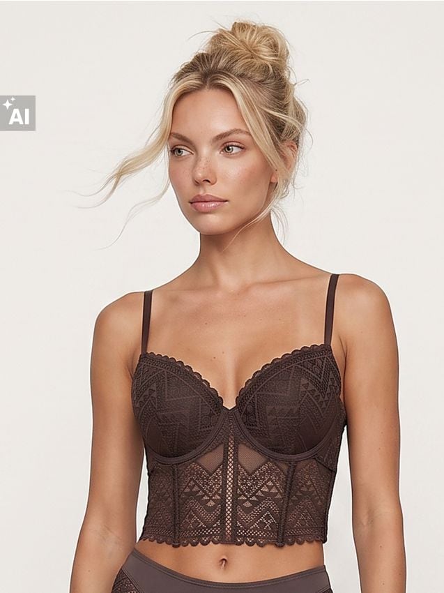 Sinsay - Sutien Extra Push-Up cu dantelă - maro-închis