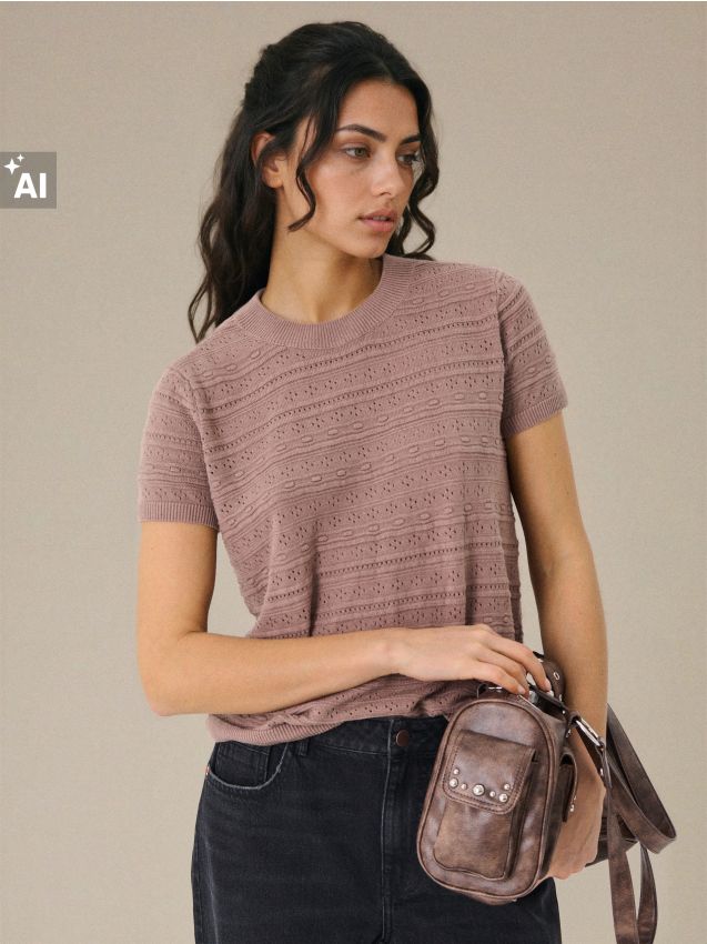 Sinsay - Bluză tip pulover cu model ajurat și adaos de in - cafeniu