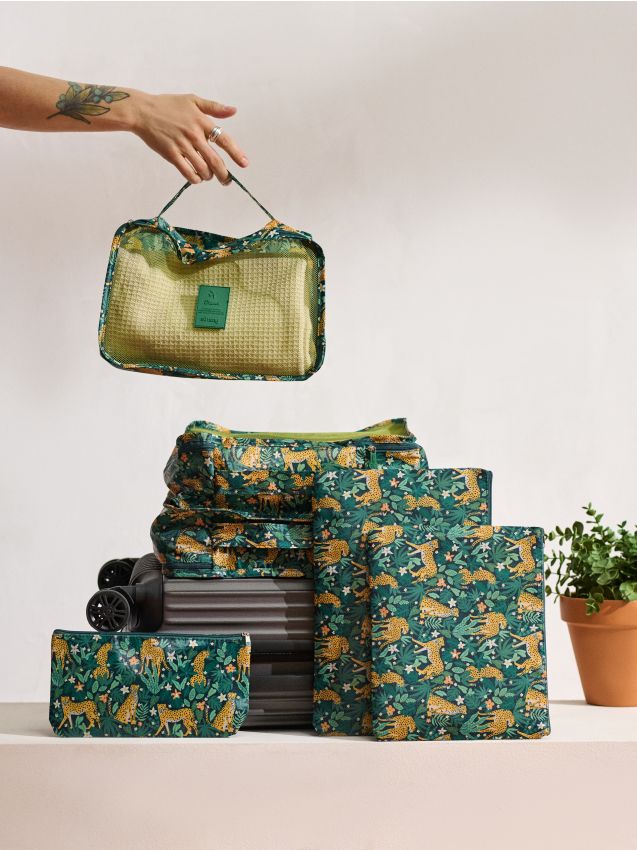 Set di organizer da viaggio con motivo tropicale 6 pack - verde scuro