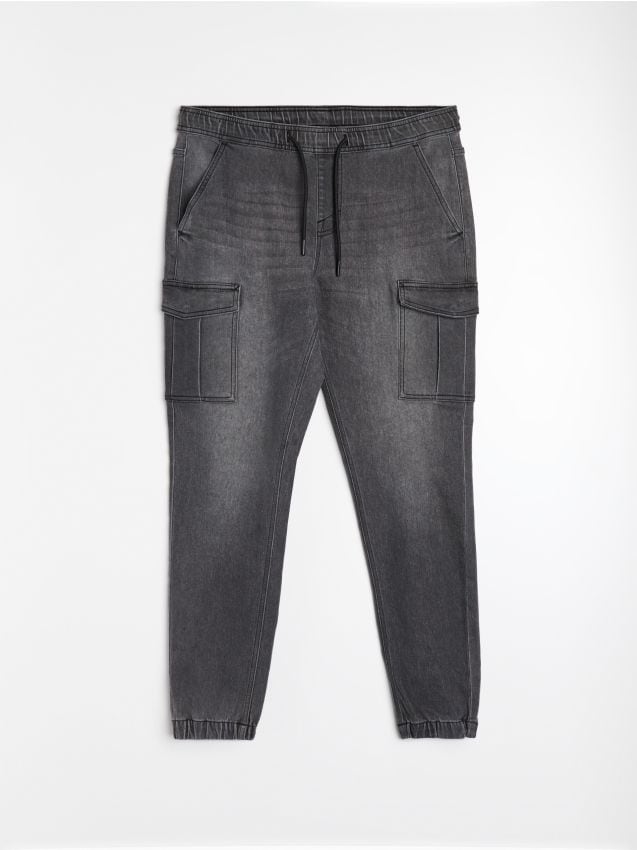 Sinsay - Jeansy jogger cargo z efektem sprania - szary