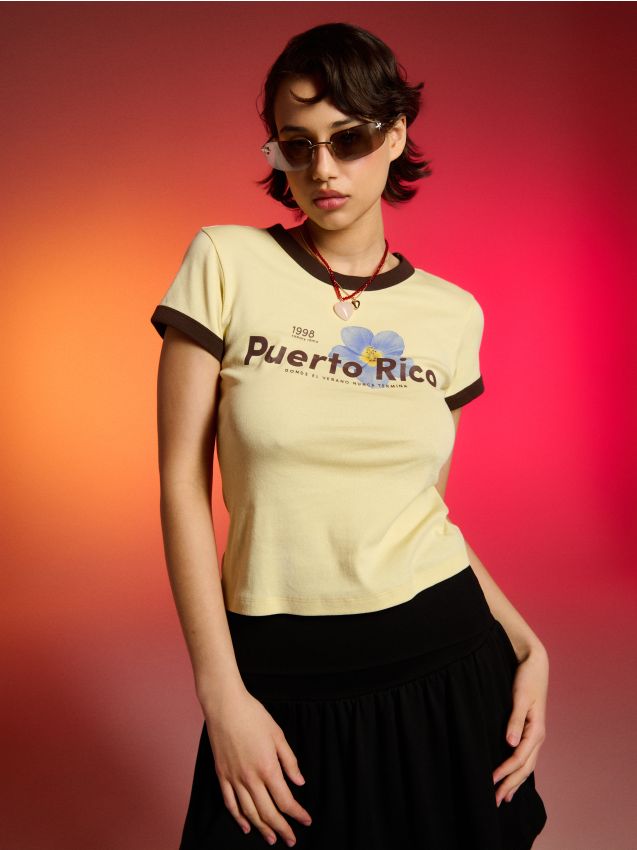 Sinsay - Tricou din bumbac cu inscripție Puerto Rico - yellow jeans