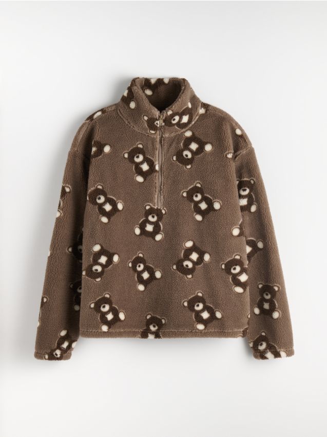 Sinsay - Bluză oversize din material sherpa cu fermoar scurt și imprimeu cu ursuleți - multicolor