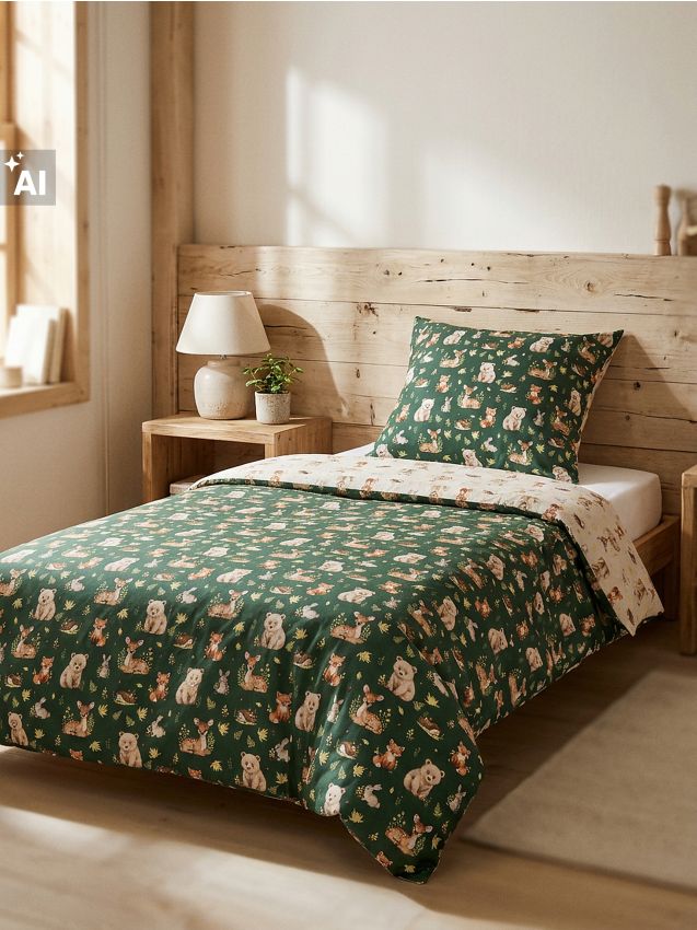 Sinsay - Set de lenjerie de pat din bumbac cu motiv de animale din pădure - verde-închis