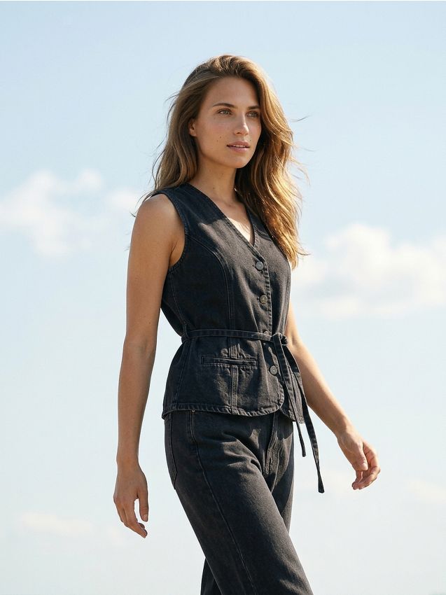 Sinsay - Vestă din denim cu curea - negru