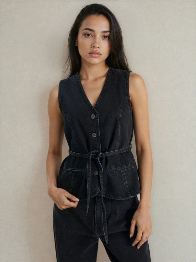 Sinsay - Jeansowa kamizelka z paskiem - czarny