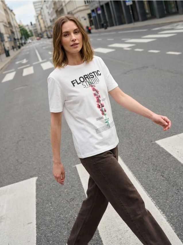 Sinsay - Tricou cu imprimeu - crem