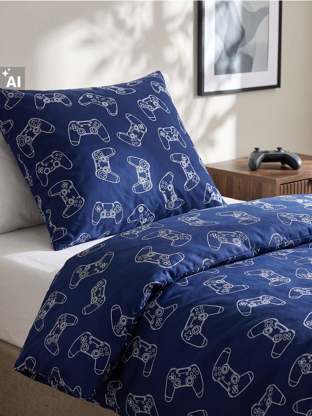 Sinsay - Set de lenjerie de pat din bumbac cu tematică gaming - bleumarin