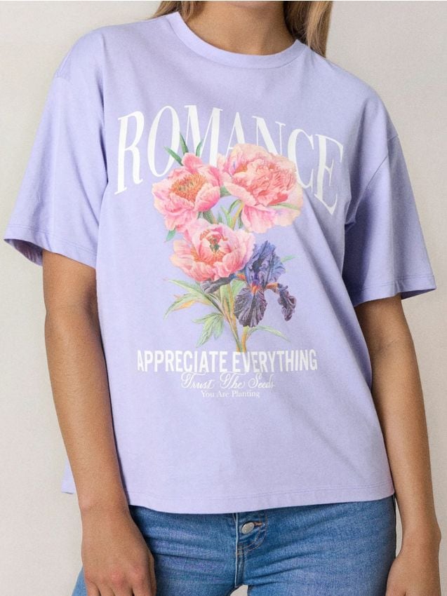 Sinsay - Tricou oversize din bumbac cu imprimeu - lavand
