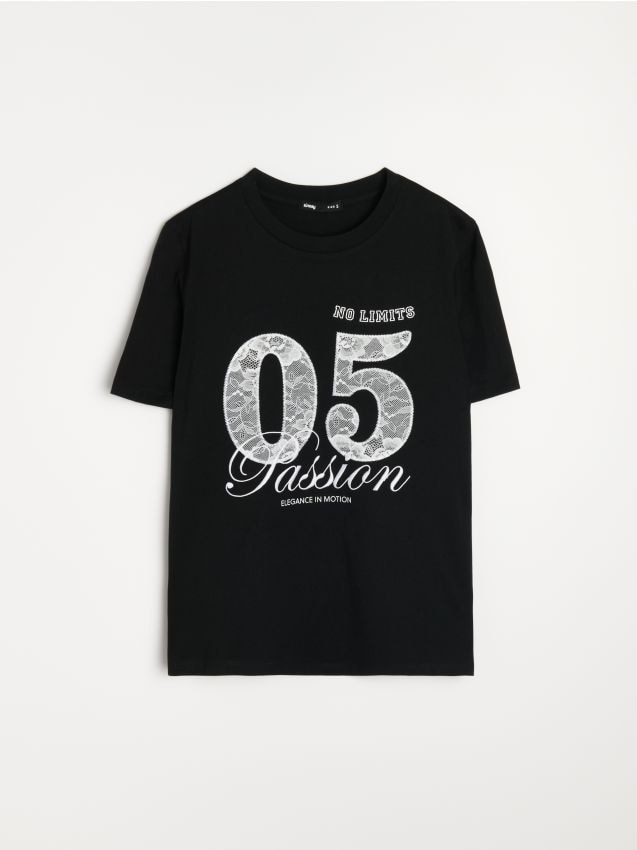 Sinsay - Tricou din bumbac cu aplicație din dantelă - negru