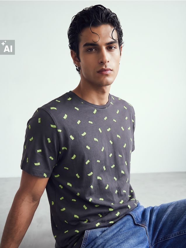Sinsay - Tricou din bumbac cu mânecă scurtă și motiv cu bani - negru-antracit