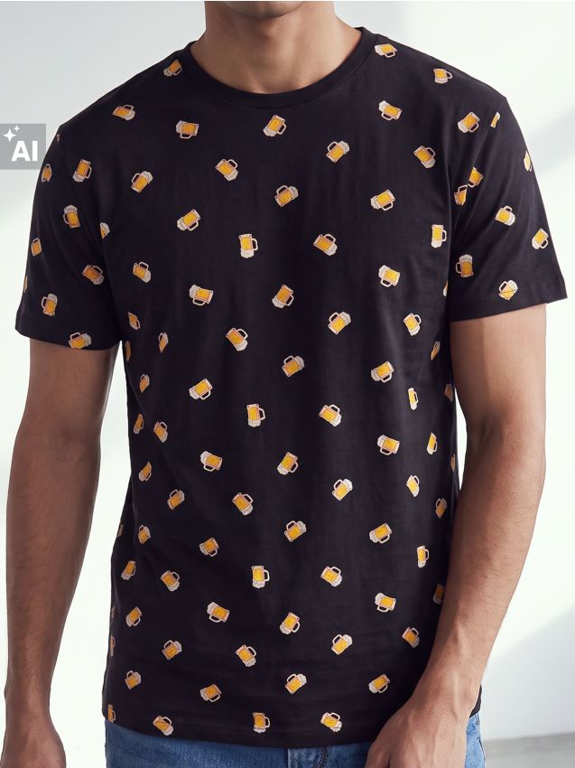 Sinsay - Tricou din bumbac cu mânecă scurtă și motiv cu bere - negru