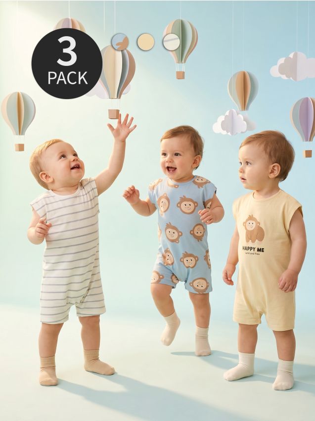 Sinsay - Salopete din bumbac cu imprimeu de maimuță 3 pachet - nude