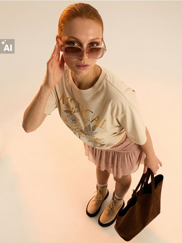 Sinsay - Tricou din bumbac cu imprimeu - nude