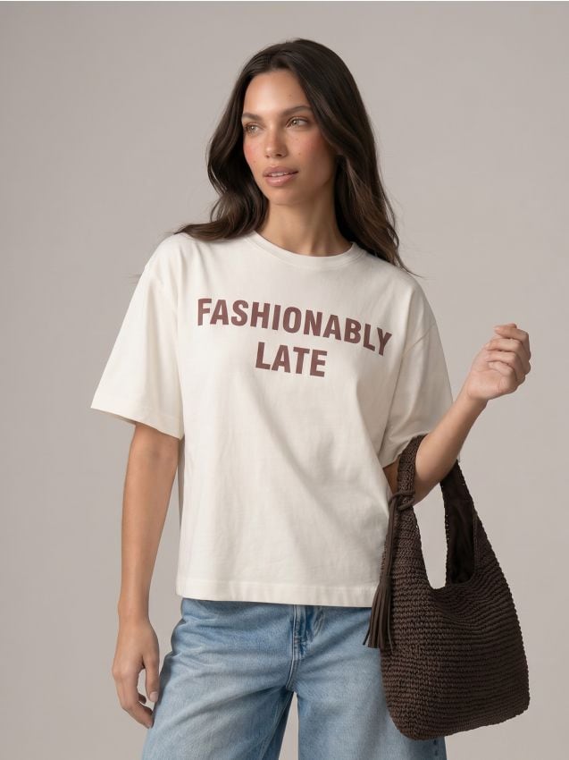 Sinsay - Tricou din bumbac cu inscripție - crem