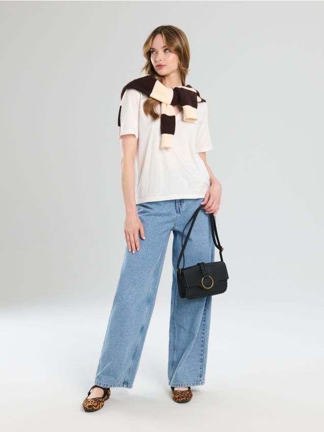 Sinsay - Tricou din bumbac cu decolteu în V - crem