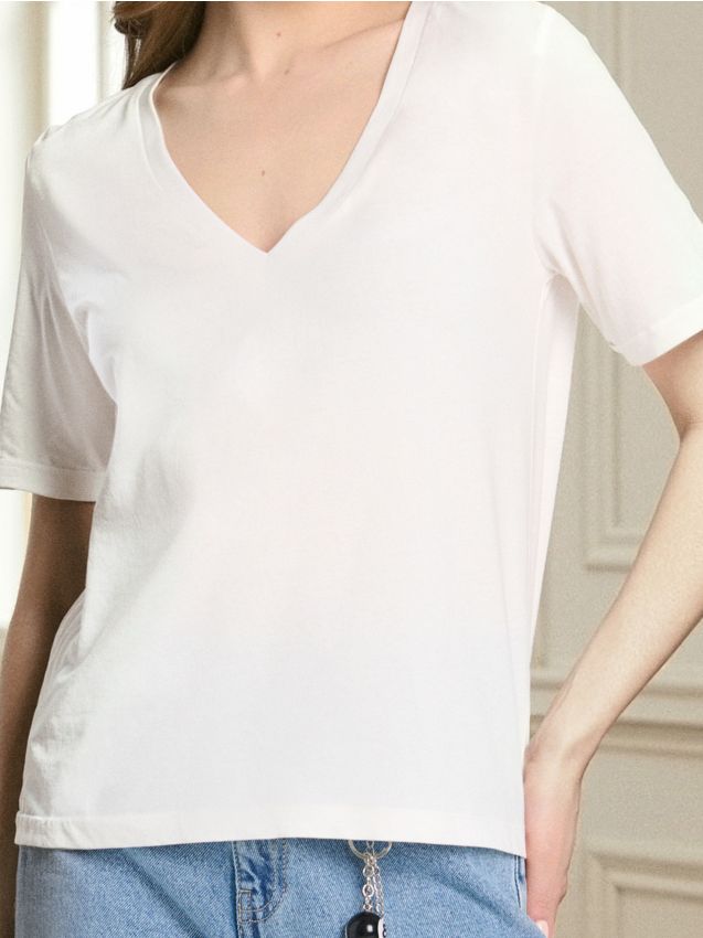 Sinsay - Bavlnené tričko s výstrihom do V - krémová