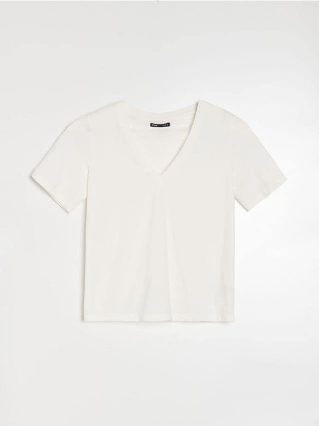 Sinsay - Bavlnené tričko s výstrihom do V - krémová