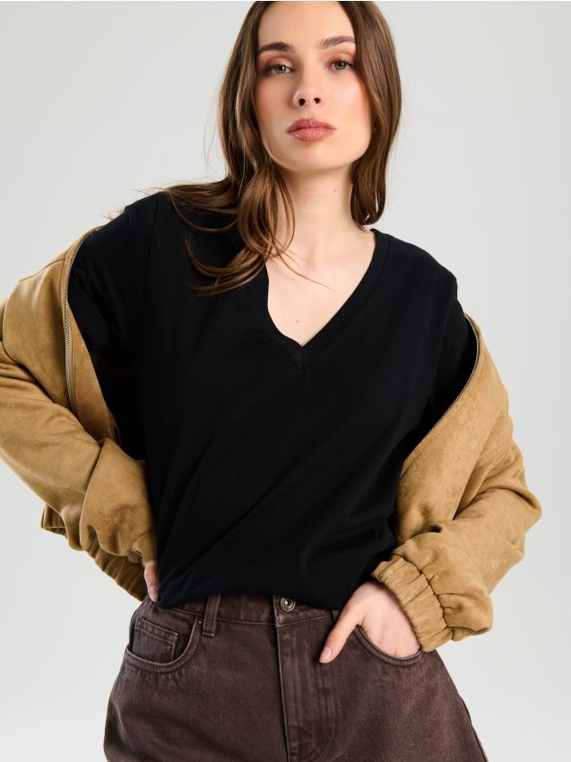 Sinsay - Tricou din bumbac cu decolteu în V - negru