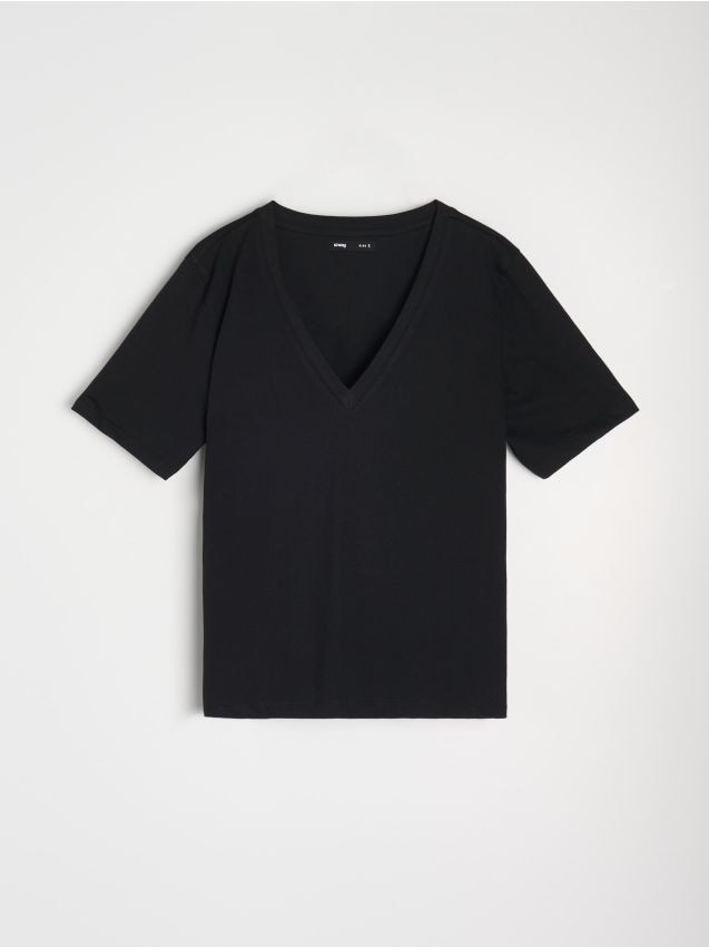 Sinsay - Bavlnené tričko s výstrihom do V - čierna