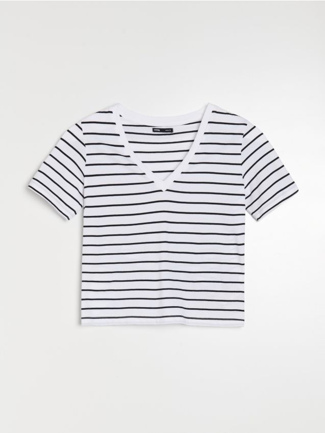 Sinsay - Bavlnené tričko s výstrihom do V - viacfarebná