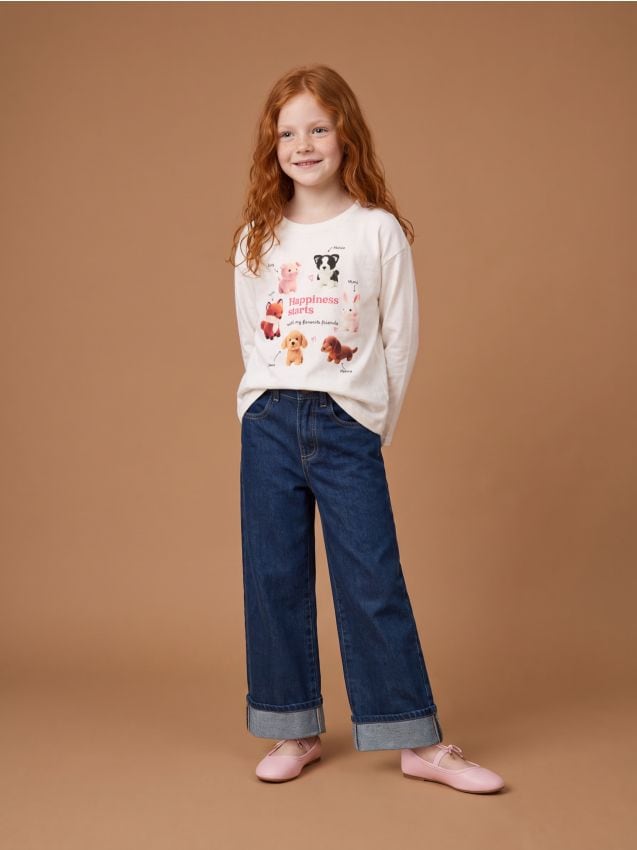 Sinsay - Tricou din bumbac cu mânecă lungă și motiv cu animale - crem