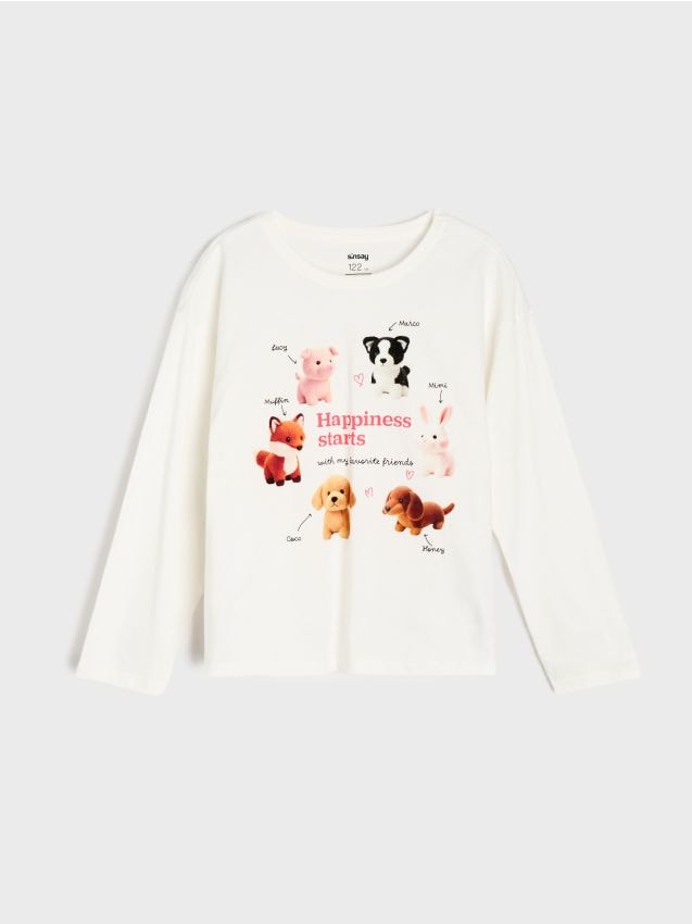 Sinsay - Tricou din bumbac cu mânecă lungă și motiv cu animale - crem