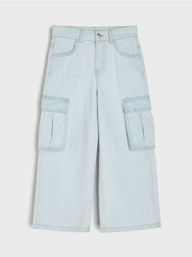 Sinsay - Jeansy cargo wide leg z efektem sprania - niebieski