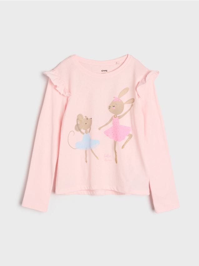 Sinsay - Bawełniana koszulka z nadrukiem i ozdobnymi falbanami - kremowy