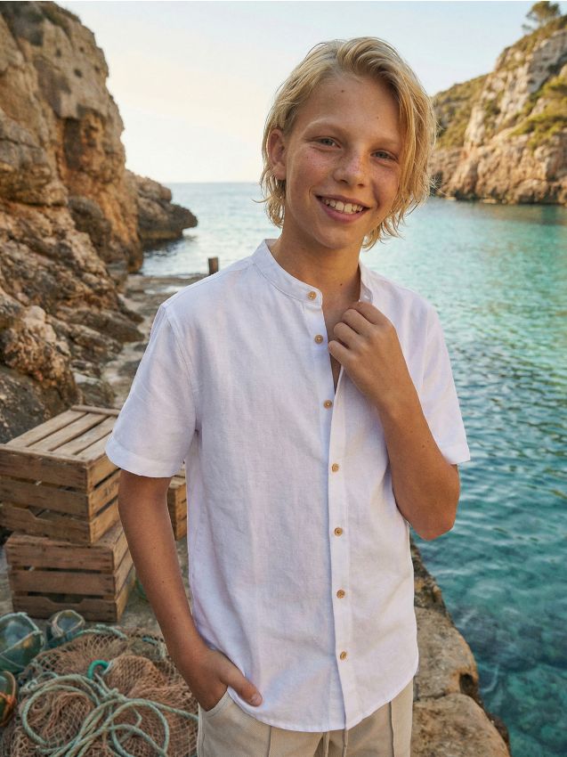 Sinsay - Cămașă cu mânecă scurtă din bumbac cu adaos de in - alb