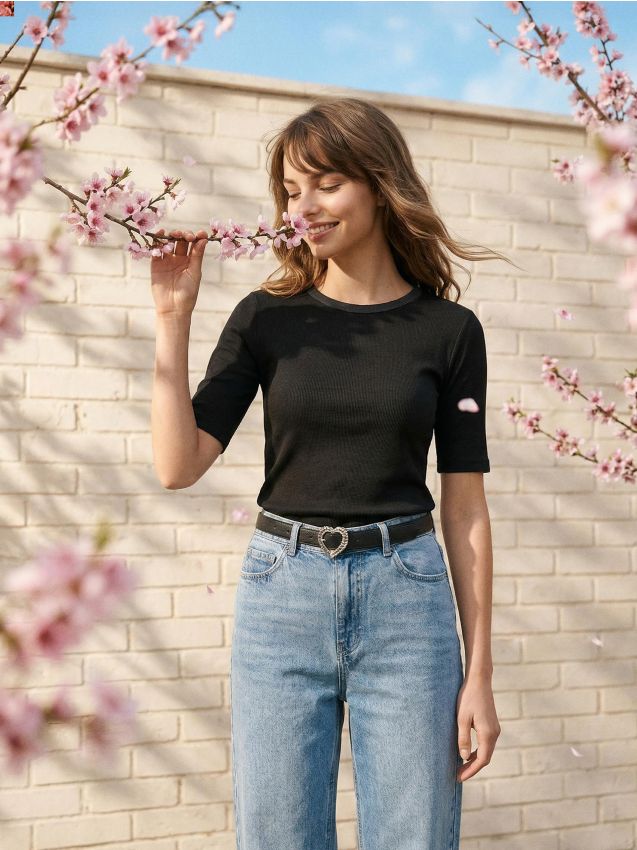 Sinsay - Tricou din tricot striat - negru