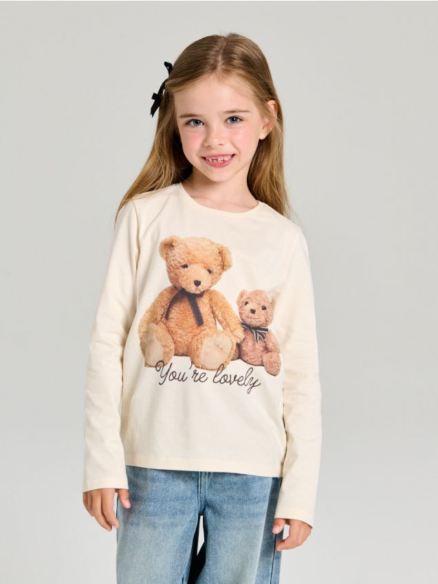 Sinsay - Tricou oversize din bumbac cu imprimeu - crem