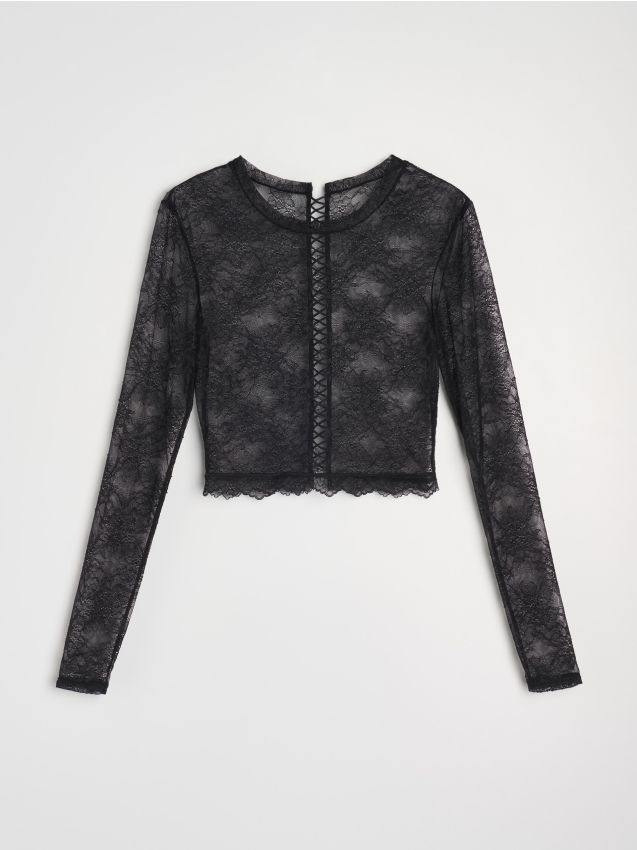 Sinsay - Koronkowy elastyczny crop top z długim rękawem - czarny