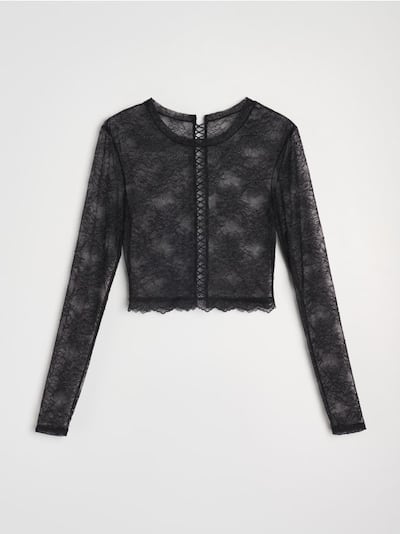 Čipkani elastični crop top s dugim rukavima