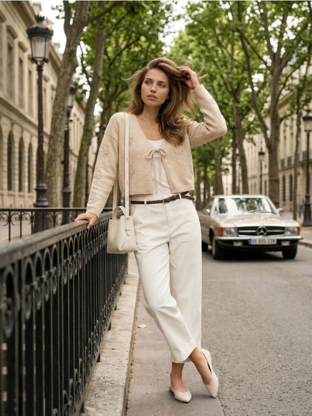 Sinsay - Cardigan cu șiret decorativ și aplicații în formă de flori - bej