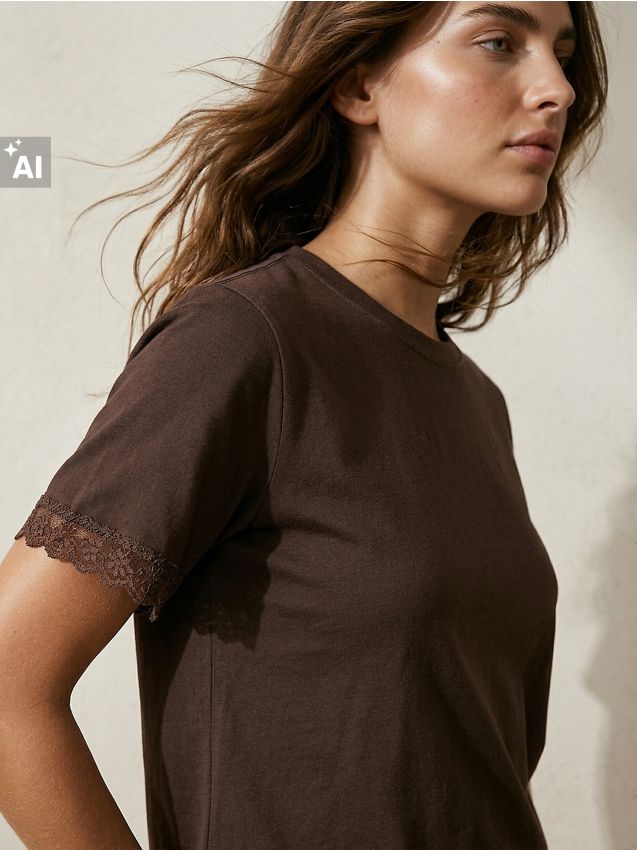 Sinsay - Tricou uni din bumbac cu volane la mâneci - maro