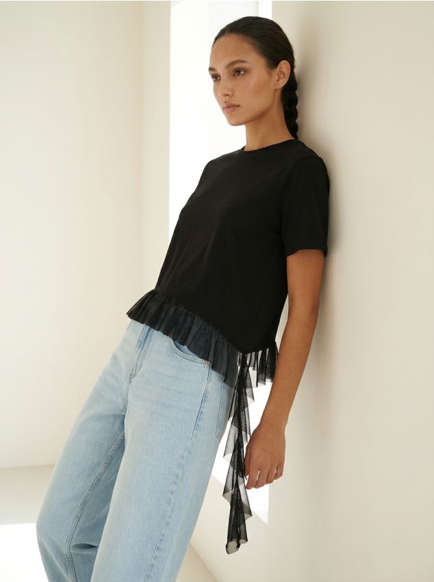 Blusa in cotone con volant asimmetrico in tulle - nero