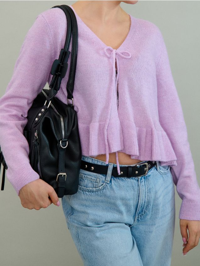 Sinsay - Kardigan z wiązaniem i dekoracyjną falbaną z domieszką wełny - różowy