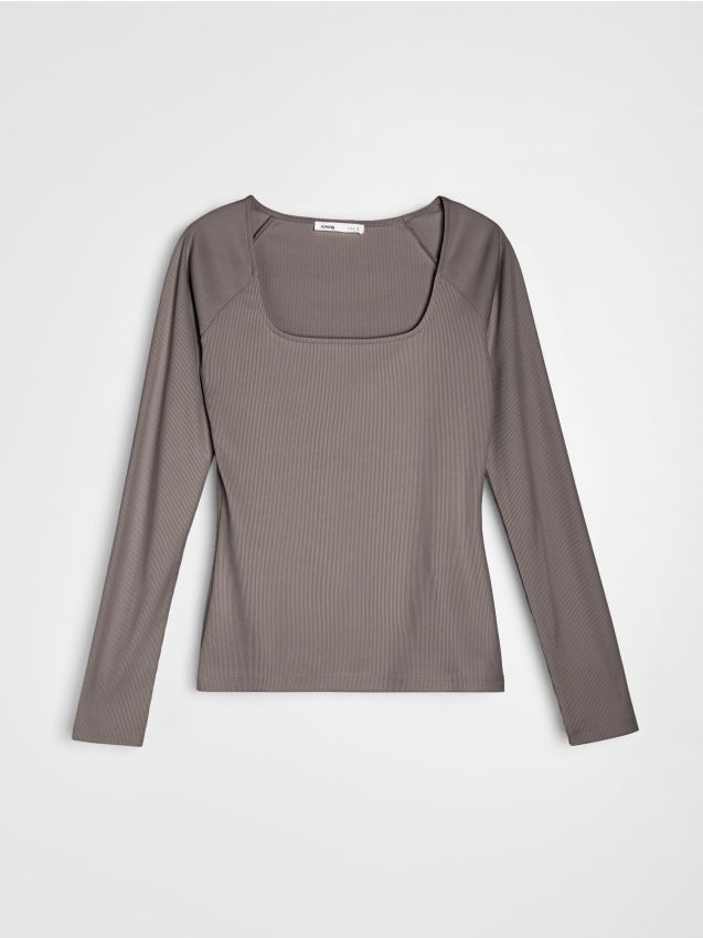 Sinsay - Prążkowana koszulka z długim rękawem - brązowy