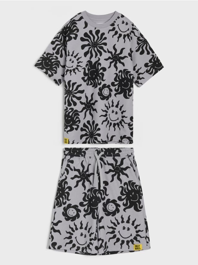 Sinsay - Compleu cu tricou și pantaloni scurți Smiley World - gri deschis