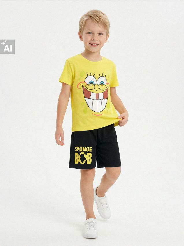 Sinsay - Pijama din bumbac în două piese cu imprimeu SpongeBob - galben