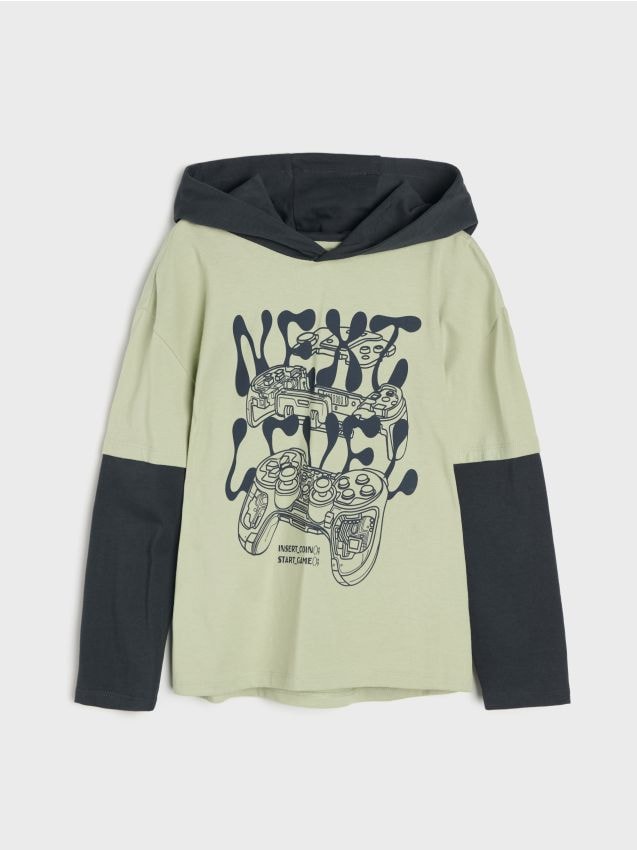 Sinsay - Tricou din bumbac cu glugă și motiv gaming - verde-oliv deschis