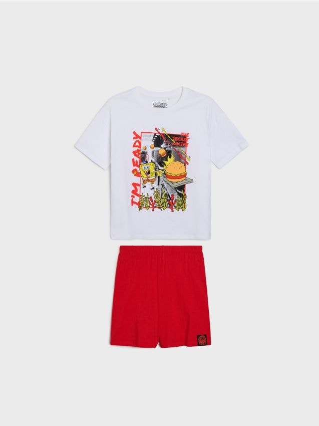 Sinsay - Pijama din bumbac în două piese cu imprimeu SpongeBob - alb