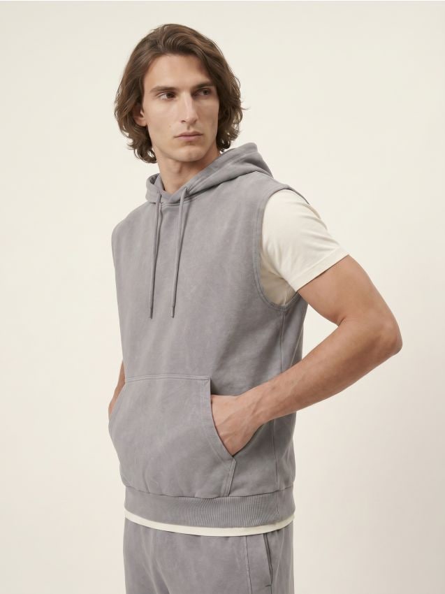 Sinsay - Bluza z kapturem bez rękawów z dzianiny terry - szary