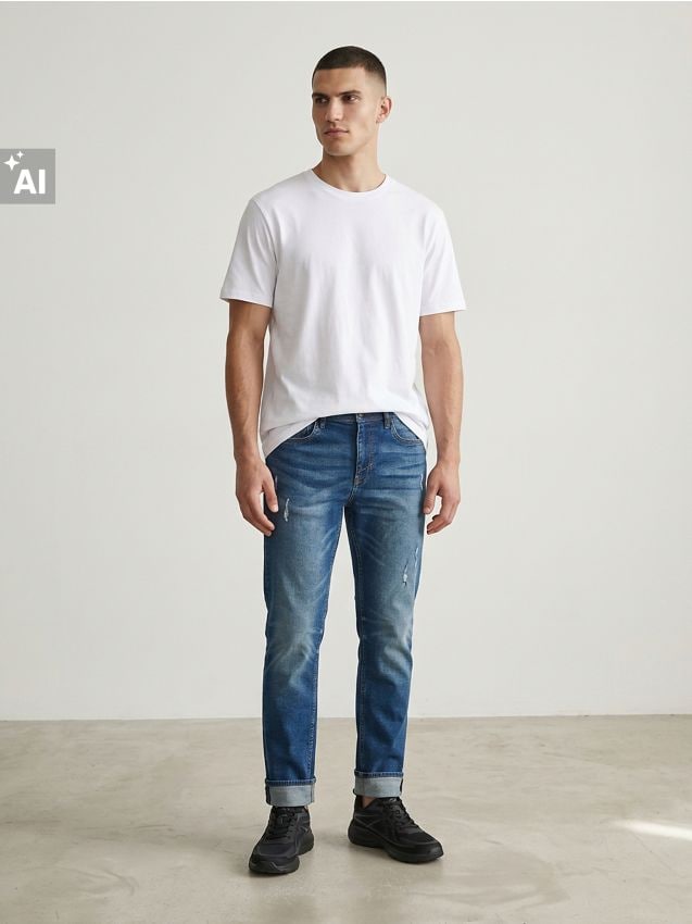 Sinsay - Blugi din bumbac regular straight fit cu efect prespălat - bleumarin