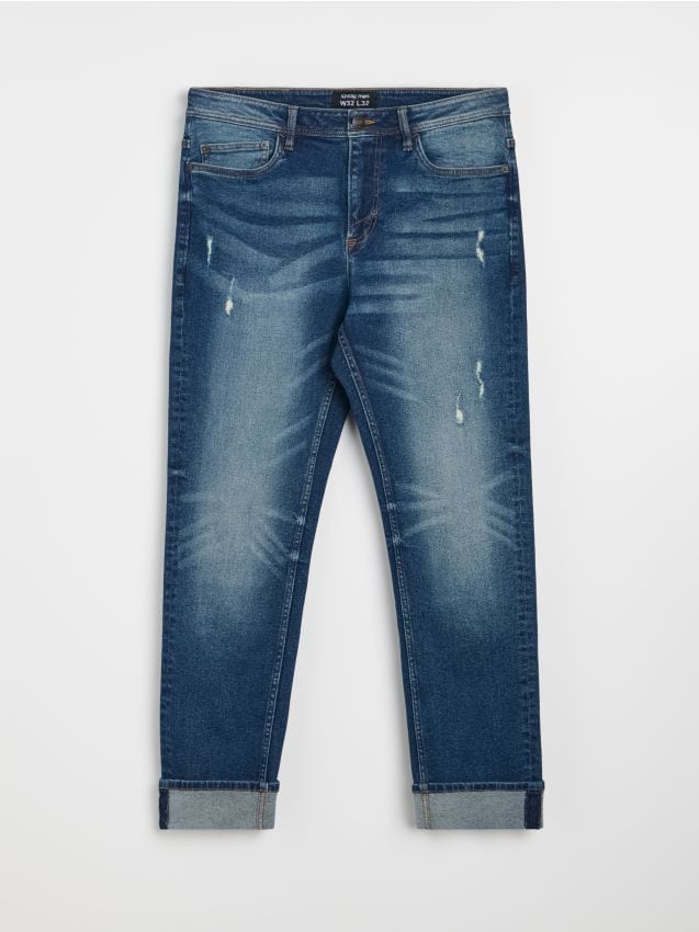 Sinsay - Blugi din bumbac regular straight fit cu efect prespălat - bleumarin
